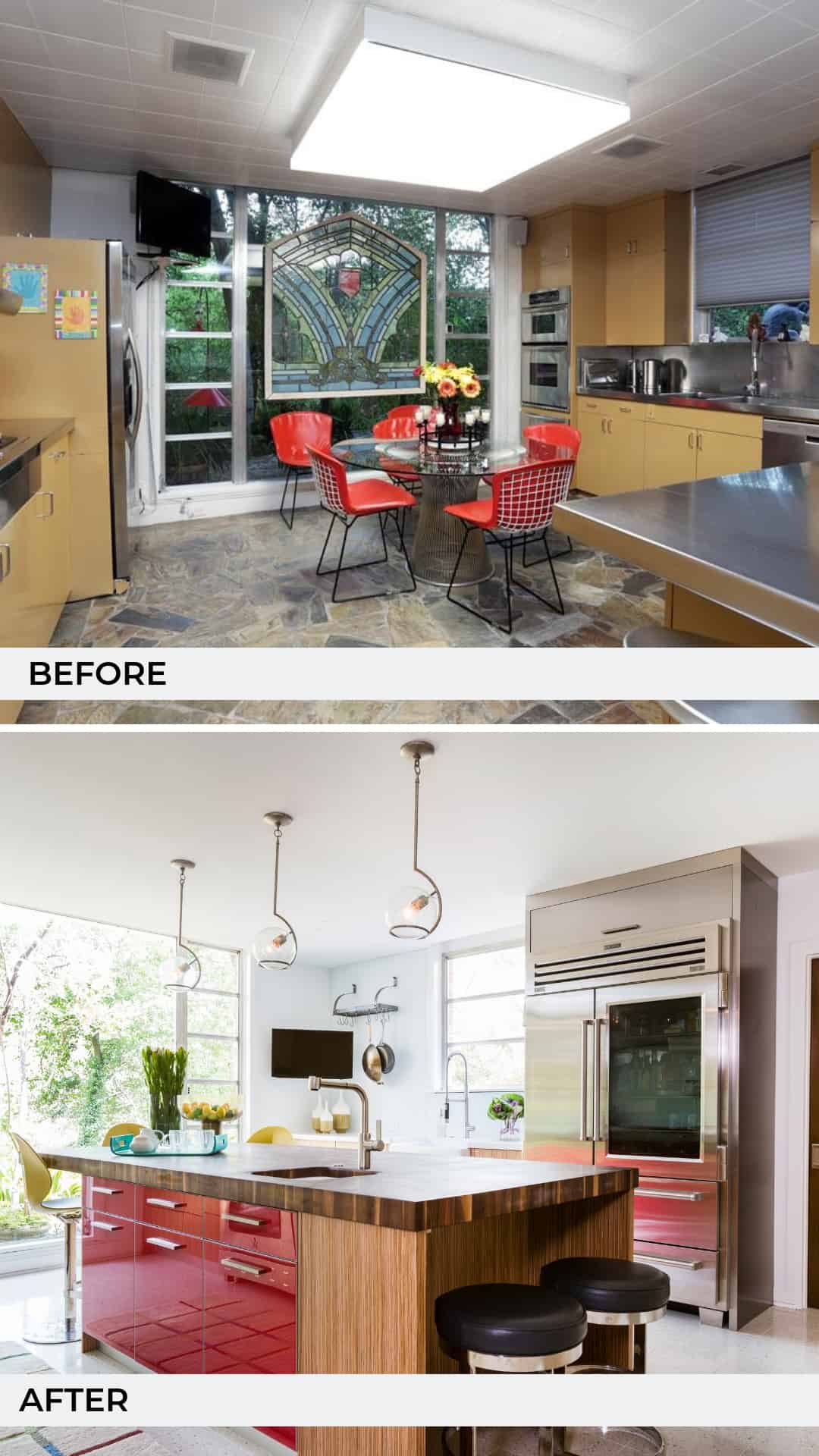 Before and After of a renovated 1950s kitchen with MidCentury Modern details