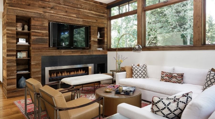 A built in fireplace makes this Aspen living room a great place to warm up.